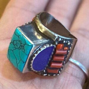 Royal Tibetan Himalayan Turquoise Coral Lapis Lazuli Statement Ring. Size 10